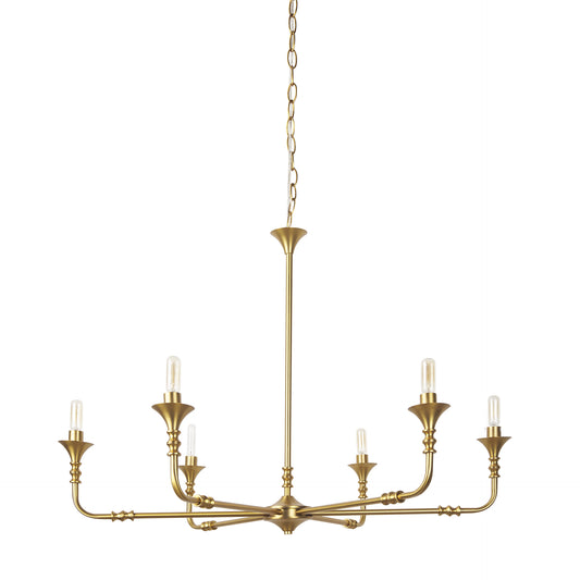 Gold-finished metal chandelier with six sockets.