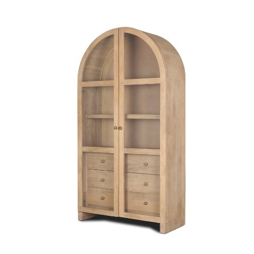 Light Brown Wood W/Glass Doors Arched Curio Cabinet
