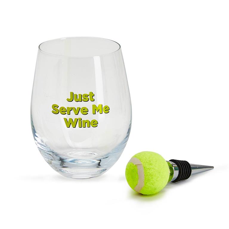 Stemless Wine Glass with Golf Ball and Tennis Wine Stopper
