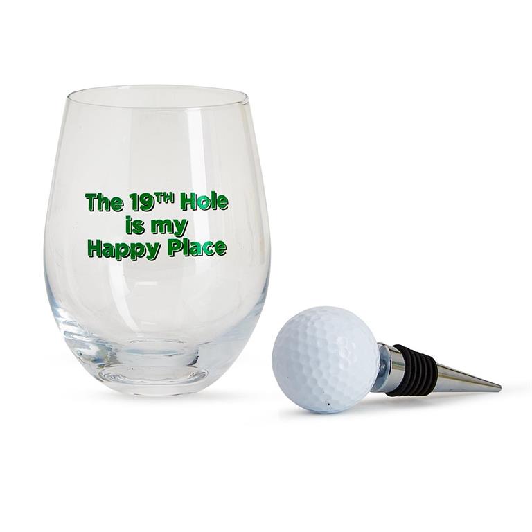 Stemless Wine Glass with Golf Ball and Tennis Wine Stopper
